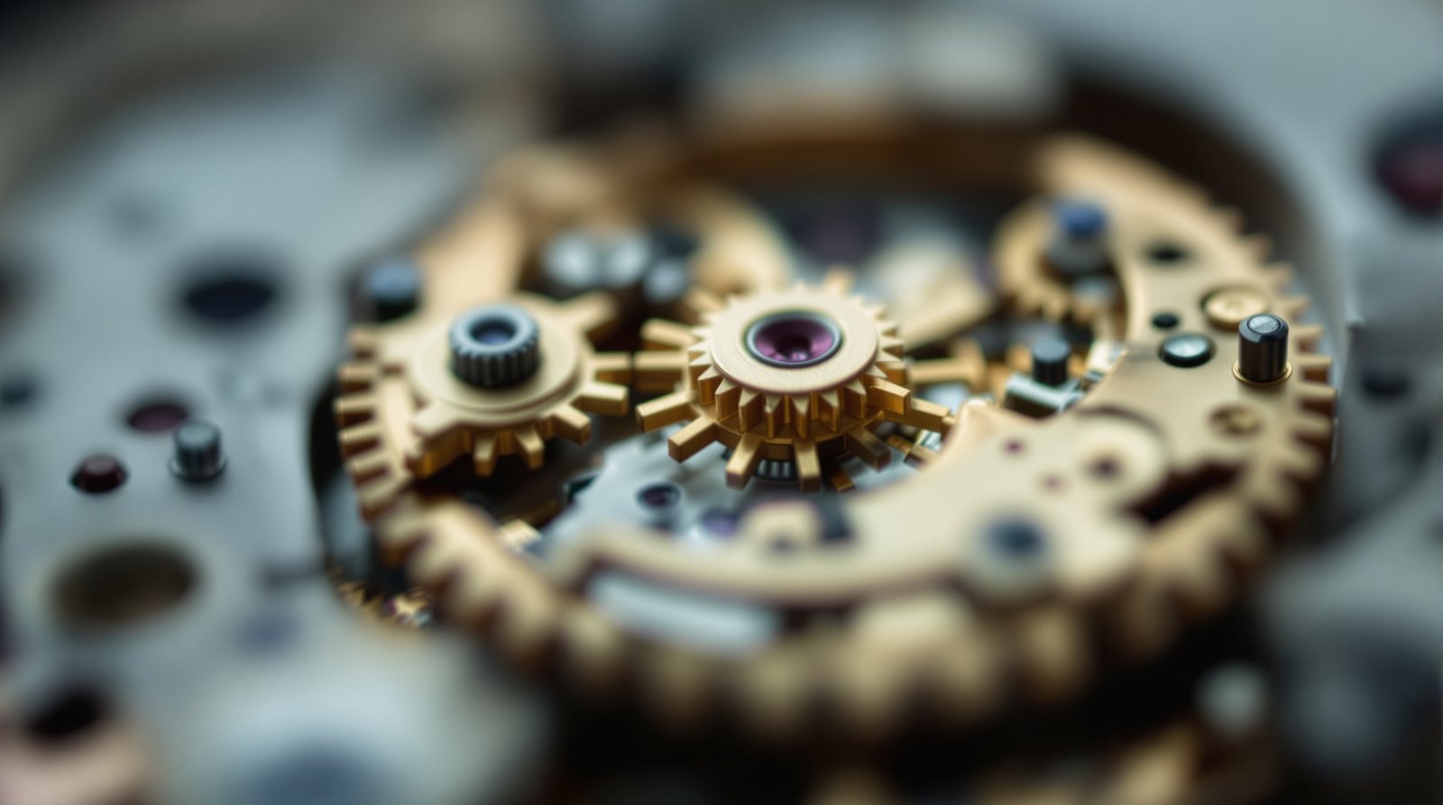 A tiny interlocking brass gear train from a disassembled watch movement