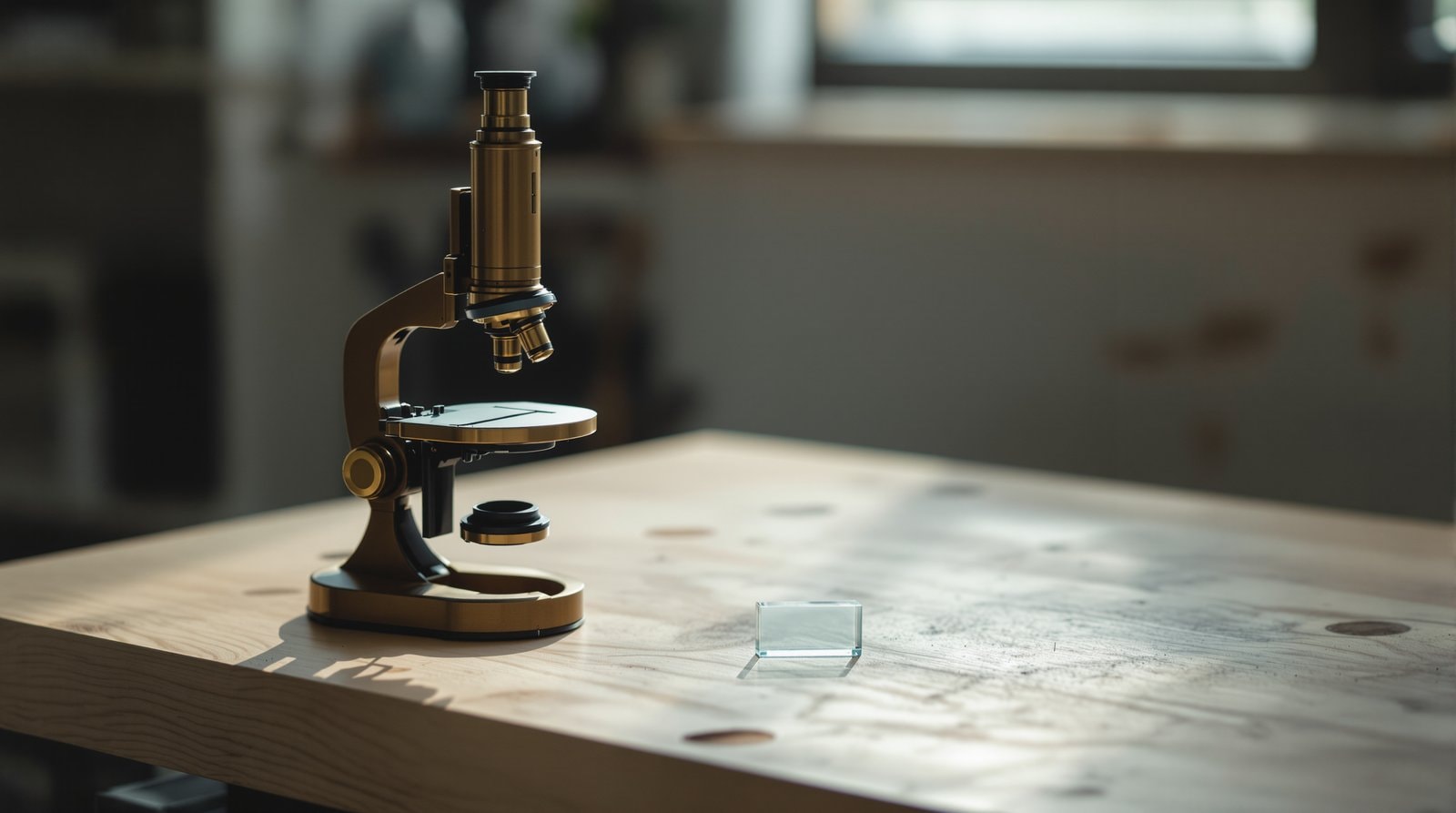An antique brass optical microscope standing on a bare wooden bench beside a small glass slide