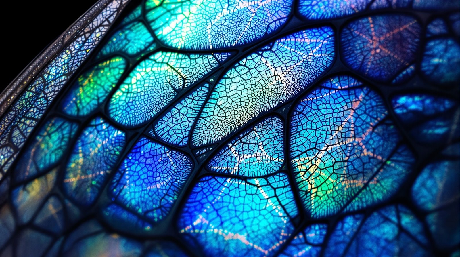 Extreme close view of an iridescent blue butterfly wing with overlapping scales