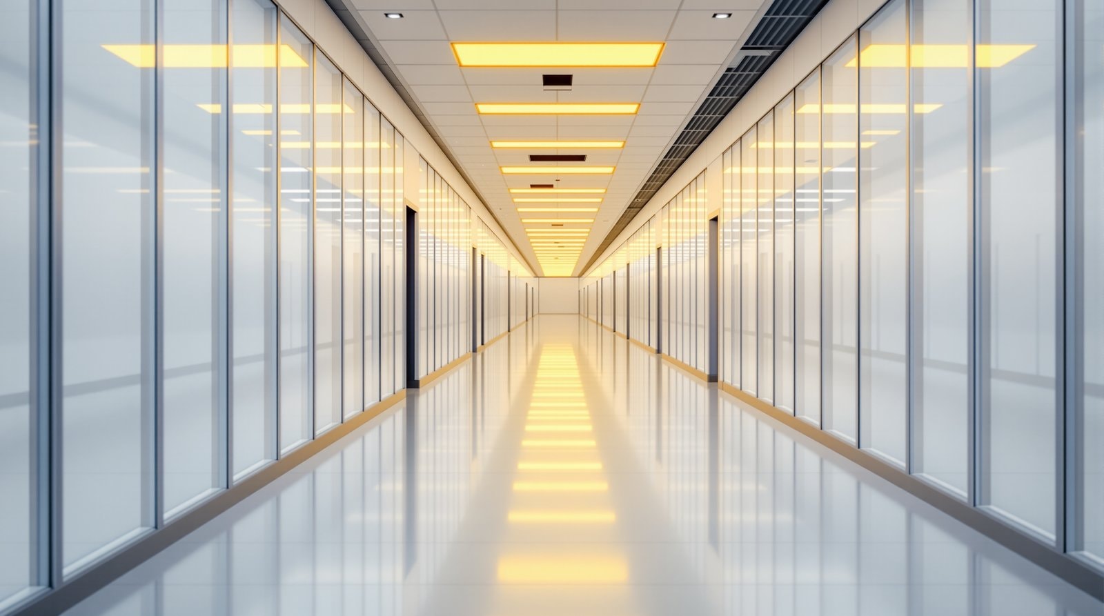 An empty cleanroom corridor lit with amber light between glass partitions