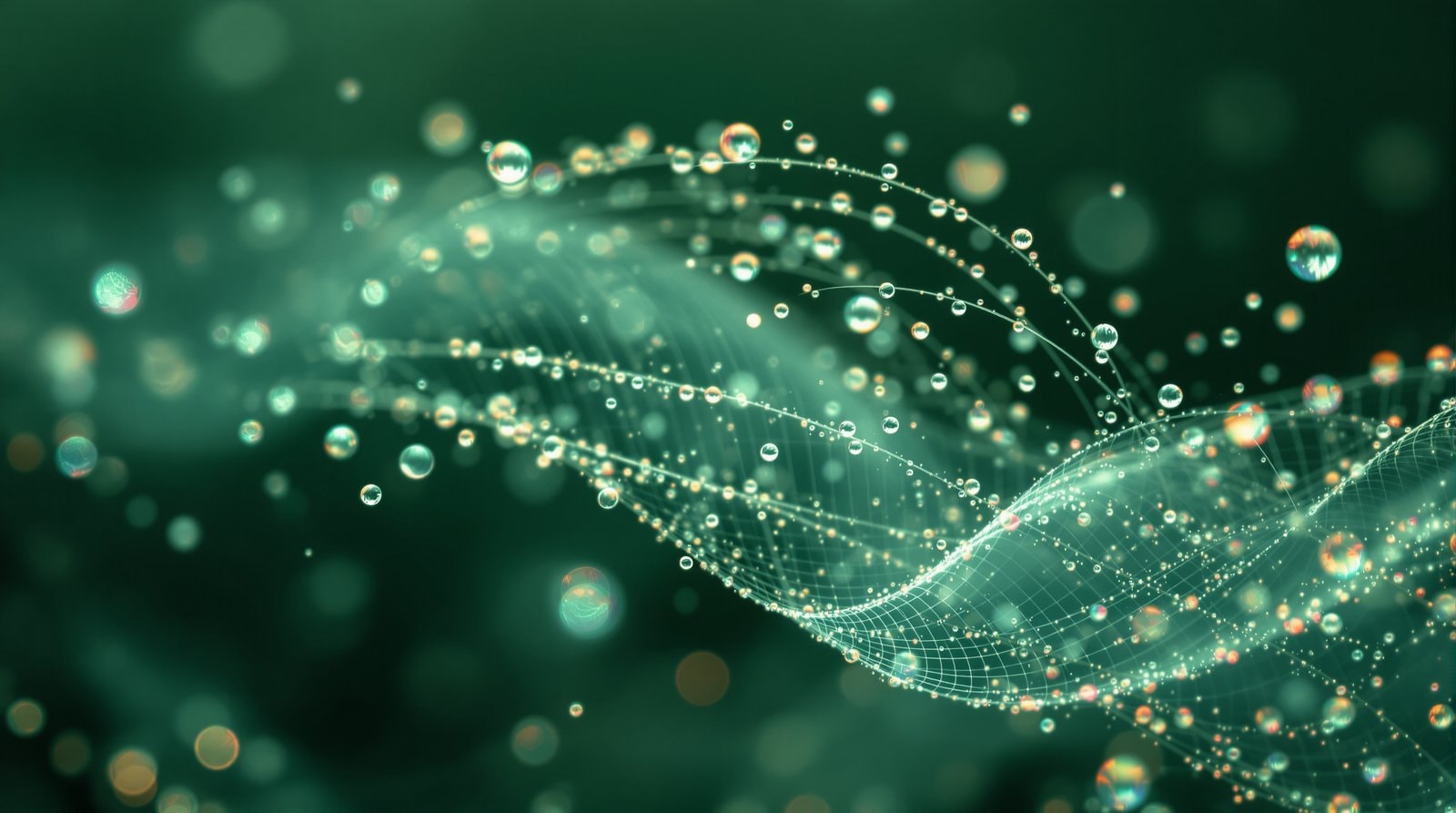 Fine silk threads beaded with tiny dew droplets against a dark green background