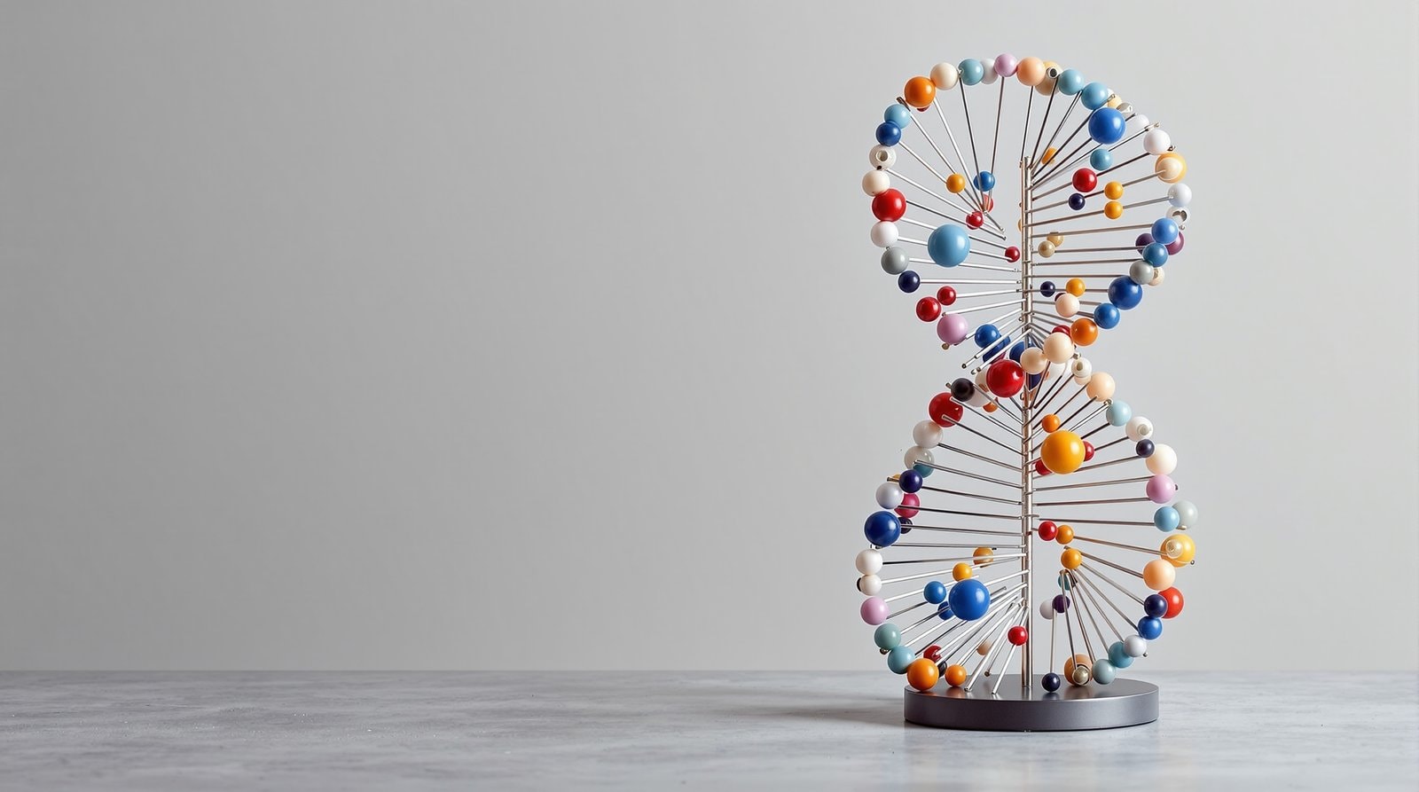 A tabletop double-helix model of steel rods and coloured spheres against a grey backdrop
