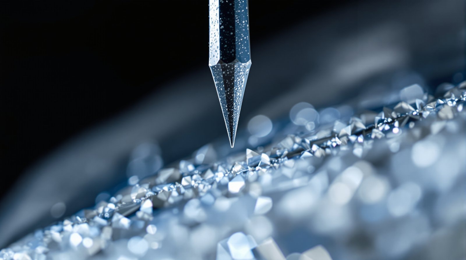 A very sharp metal needle tip hovering just above a glittering crystal surface