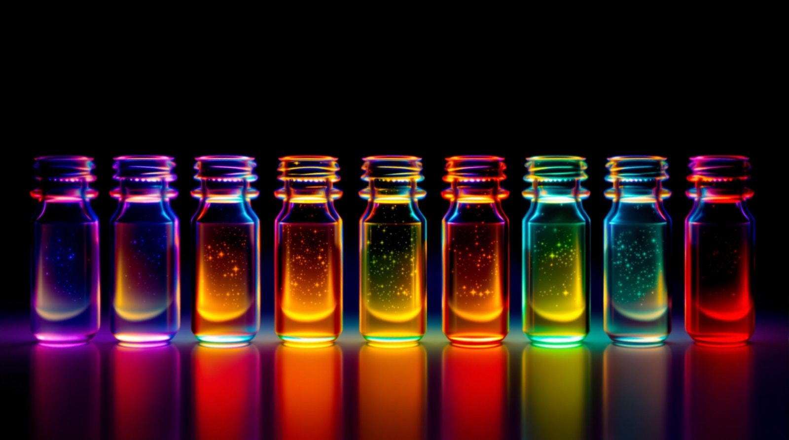 A row of small unlabelled glass vials glowing in graded colours from blue to red under ultraviolet light