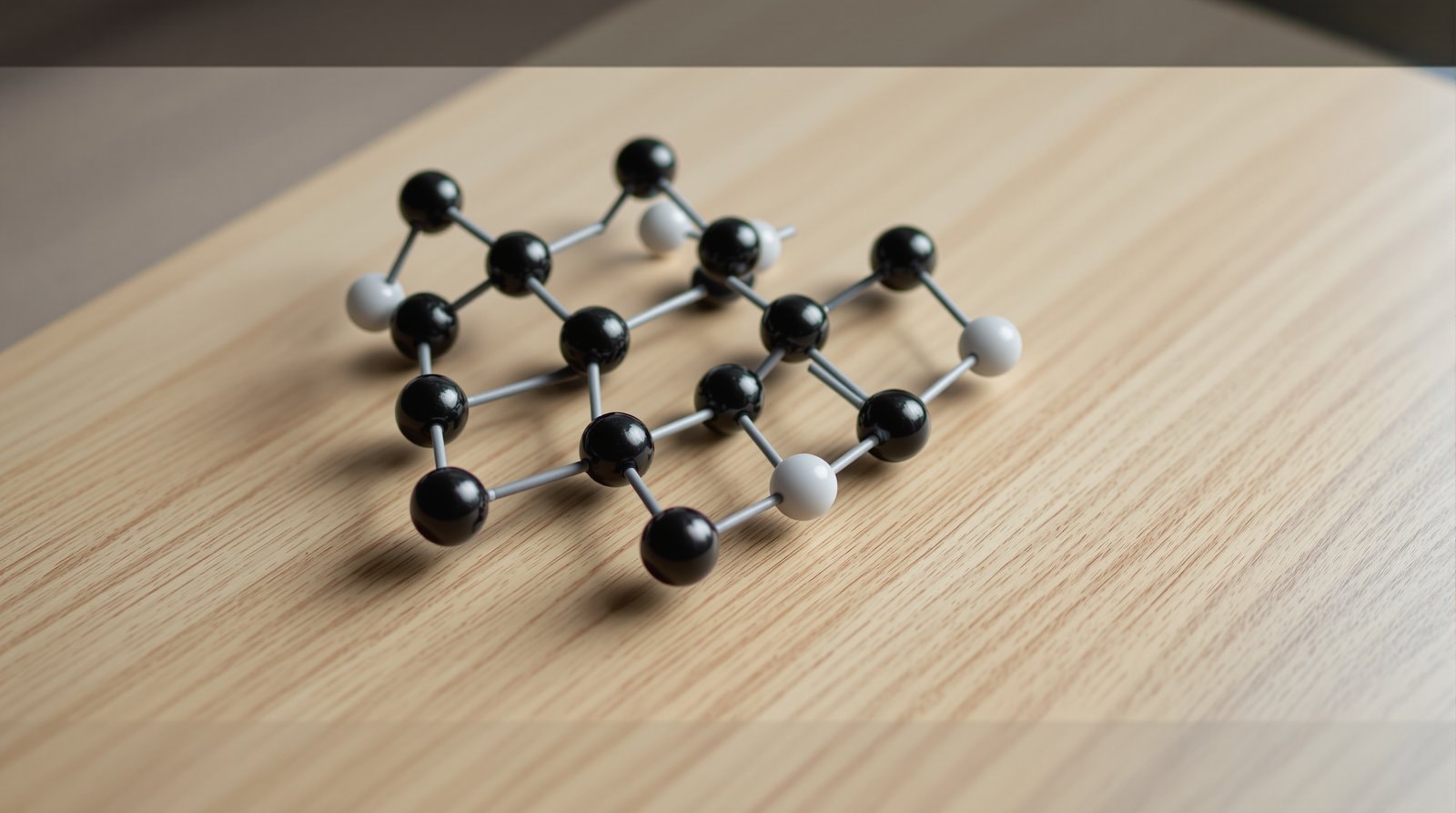 A ball-and-stick model of a flat hexagonal carbon lattice lying on a light oak table