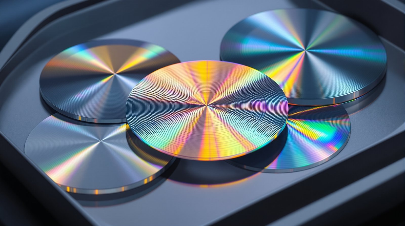 Several polished silicon wafers showing rainbow interference colours on a grey tray