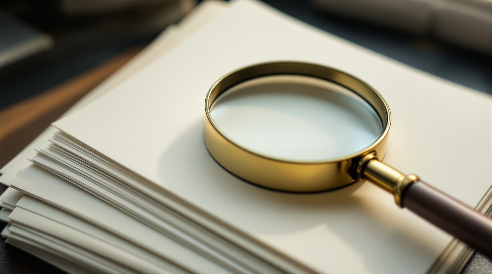A brass-rimmed magnifying loupe resting on a stack of blank cream pages