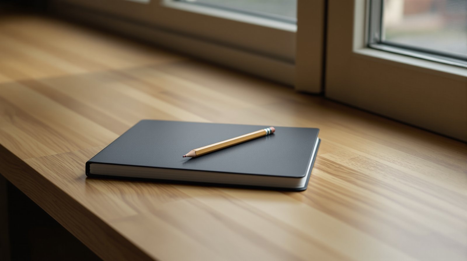 A plain wooden desk by a tall window with a closed dark notebook and a pencil