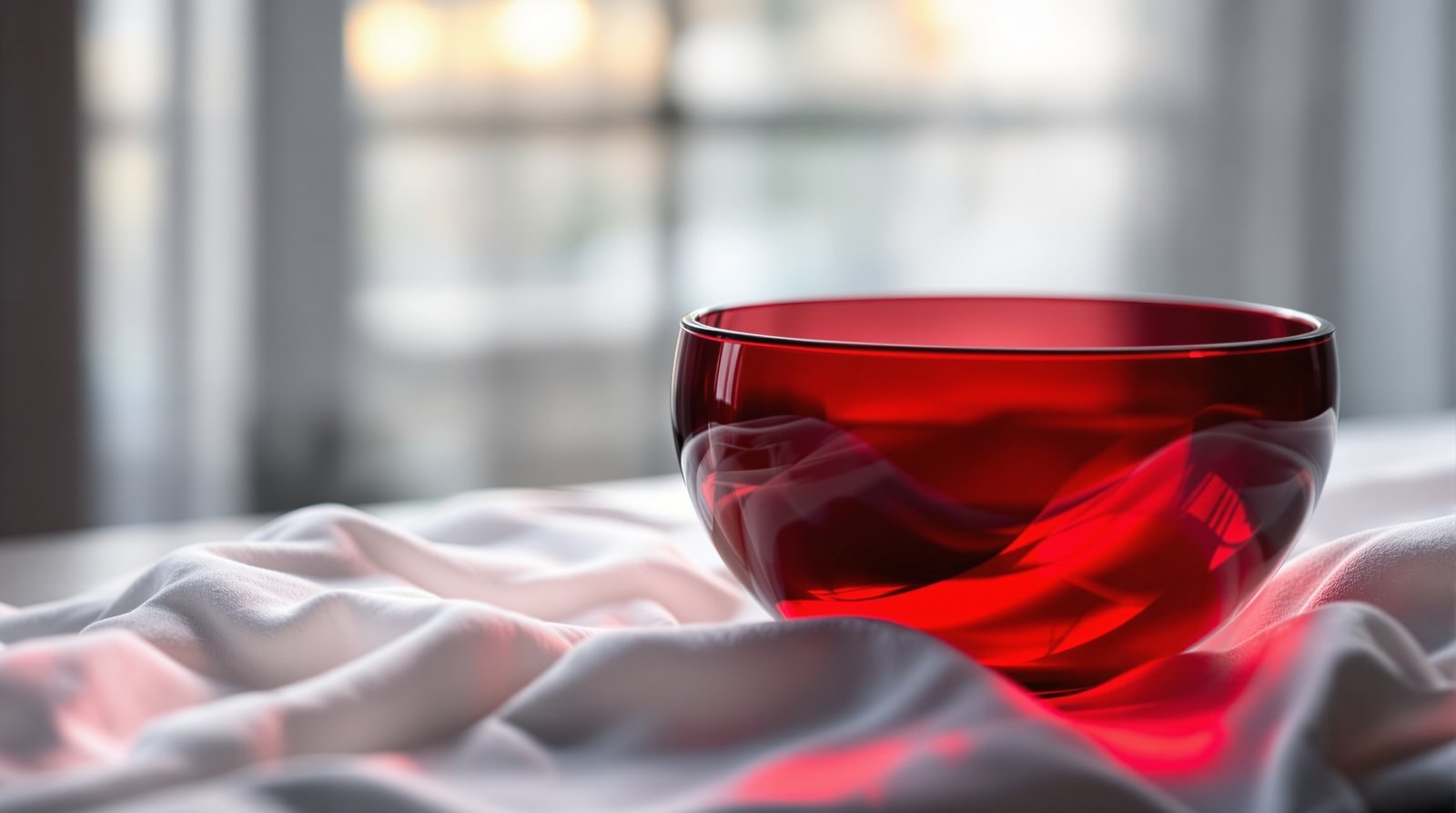 A deep ruby-red glass bowl glowing in window light on white linen