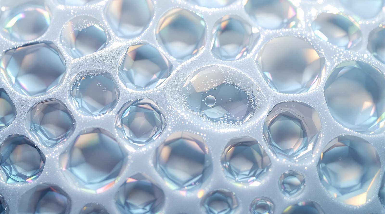 Soap foam forming a honeycomb of polygonal bubble cells with thin iridescent films