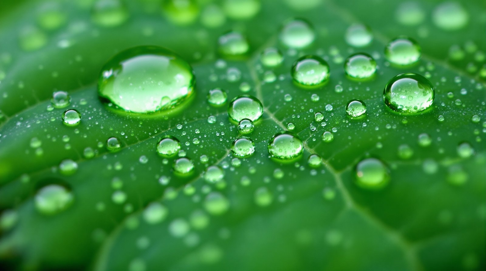 Round water droplets beading on the surface of a green leaf