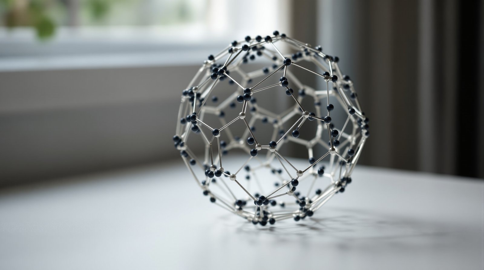 A spherical cage model of thin wire and small dark beads arranged in hexagons and pentagons